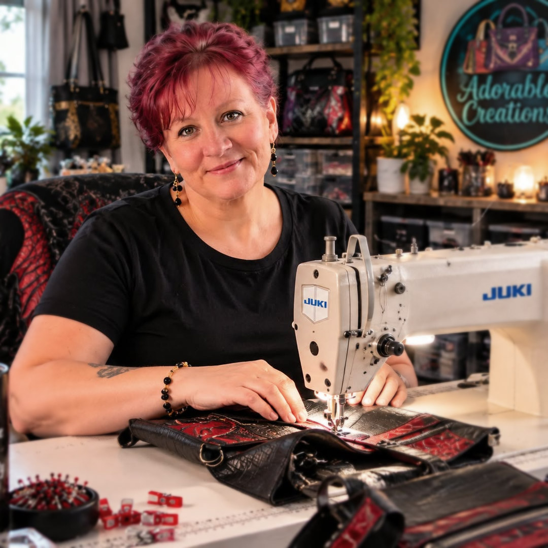 Tami creating handmade bags in her sewing studio