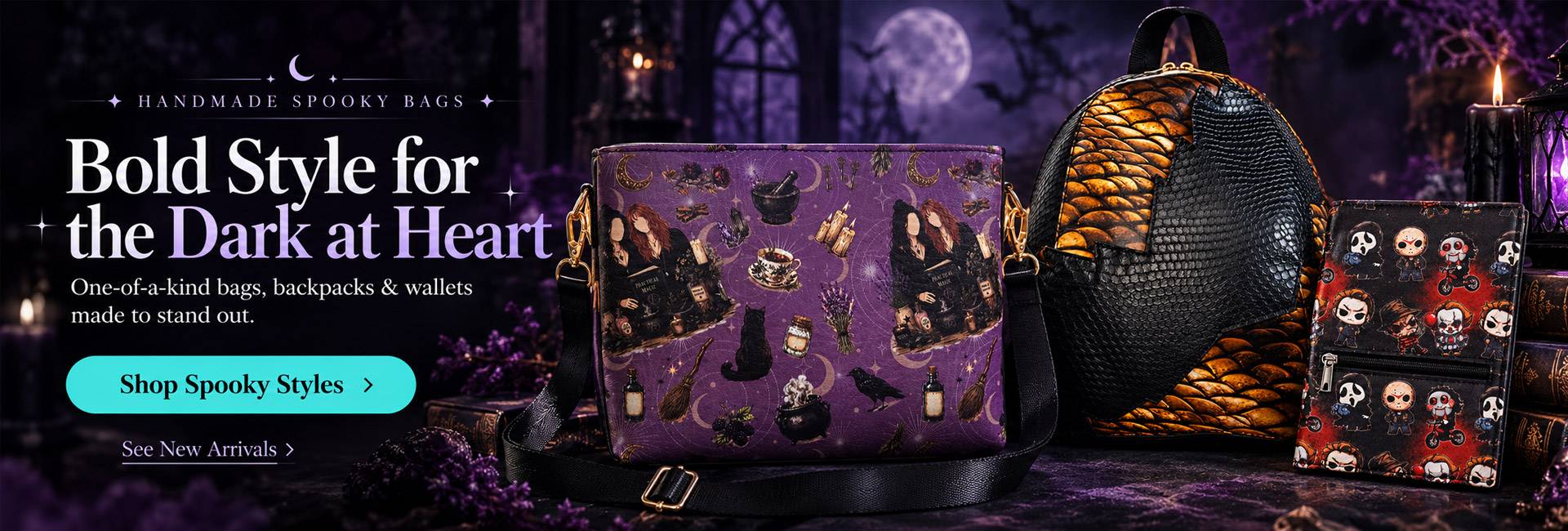 Spooky Bags Homepage Slider Handmade spooky bags from Adorable Creations by Tami featuring a purple witchy crossbody bag, dragon scale backpack, and horror print wallet.