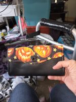 Handmade Halloween Pumpkin NCW Wallet with black vinyl, orange jack-o'-lantern flap and metal clasp