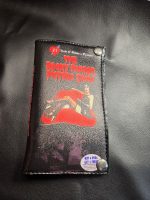 Handmade Mini Draco horror DVD cover bifold wallet featuring vintage horror artwork, red lettering and metal snap closures.