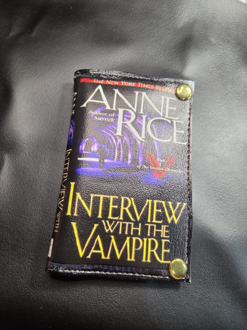 Handmade Mini Draco Interview with the Vampire DVD cover bifold wallet featuring black and purple gothic artwork, gold lettering and gold-tone snaps.