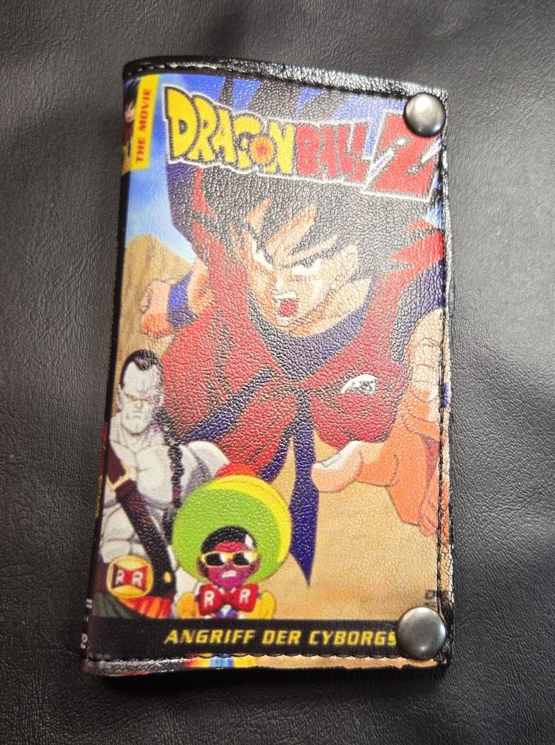 Handmade Mini Draco Dragon Ball Z DVD cover bifold wallet featuring Goku, colorful anime artwork and silver-tone magnetic snaps.