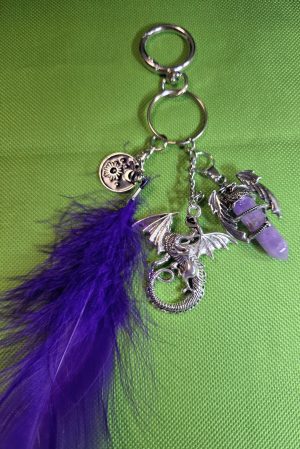 Dragon & Amethyst Feather Bag Charm – Handmade
