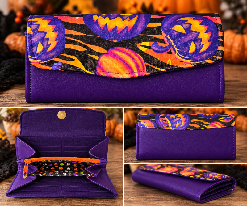 Handmade Pumpkin NCW Wallet with purple vinyl and colorful jack-o'-lantern flap