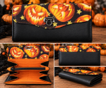 Handmade Halloween Pumpkin NCW Wallet with black vinyl, orange jack-o'-lantern flap and metal clasp