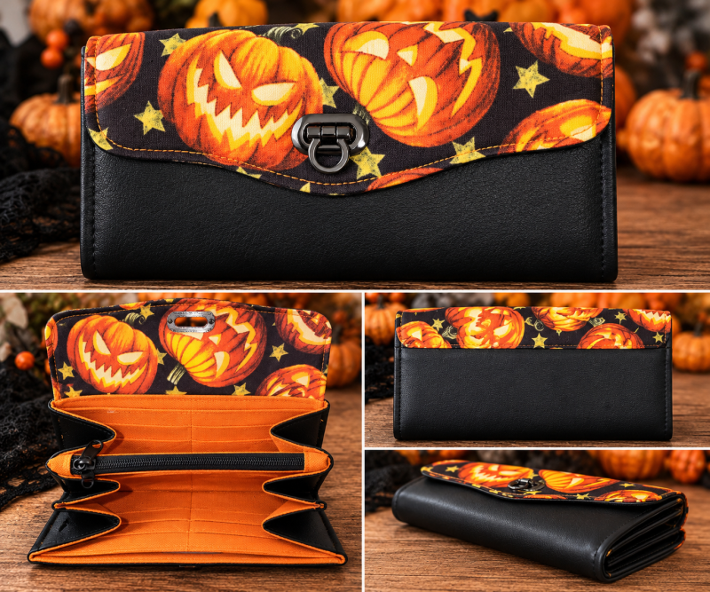 Handmade Halloween Pumpkin NCW Wallet with black vinyl, orange jack-o'-lantern flap and metal clasp