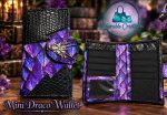 Handmade Mini Draco purple dragon wallet with blue and purple dragon-scale print, black crocodile-textured vinyl and silver dragon snap tab.