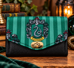 Handmade Slytherin Mini NCW Wallet with green crest fabric, black faux leather and gold closure