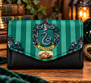 Handmade Slytherin Mini NCW Wallet with green crest fabric, black faux leather and gold closure