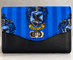 Handmade Ravenclaw Mini NCW Wallet featuring blue striped house crest fabric, black vinyl and shiny metal turn-lock closure